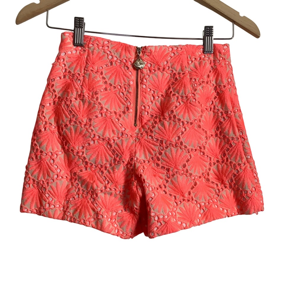 Lilly Pulitzer Neon Coral Pink Seashell Eyelet Lace Skort Gold Shell Zipper 0